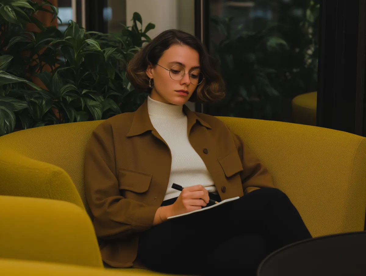 Mulher autora em ambiente profissional inspirador